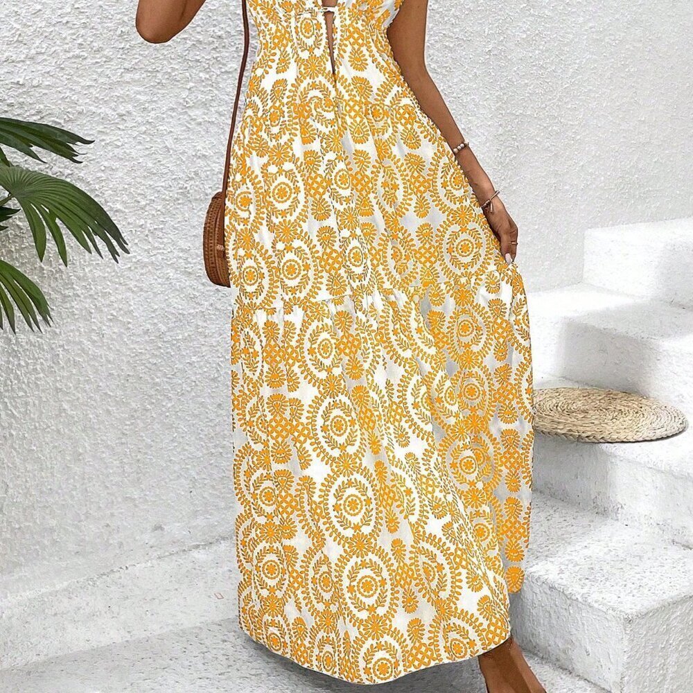 Yellow Boho Women's Plant Print Ruffle Hem Spaghetti Strap Dress - Picture 4 of 6
